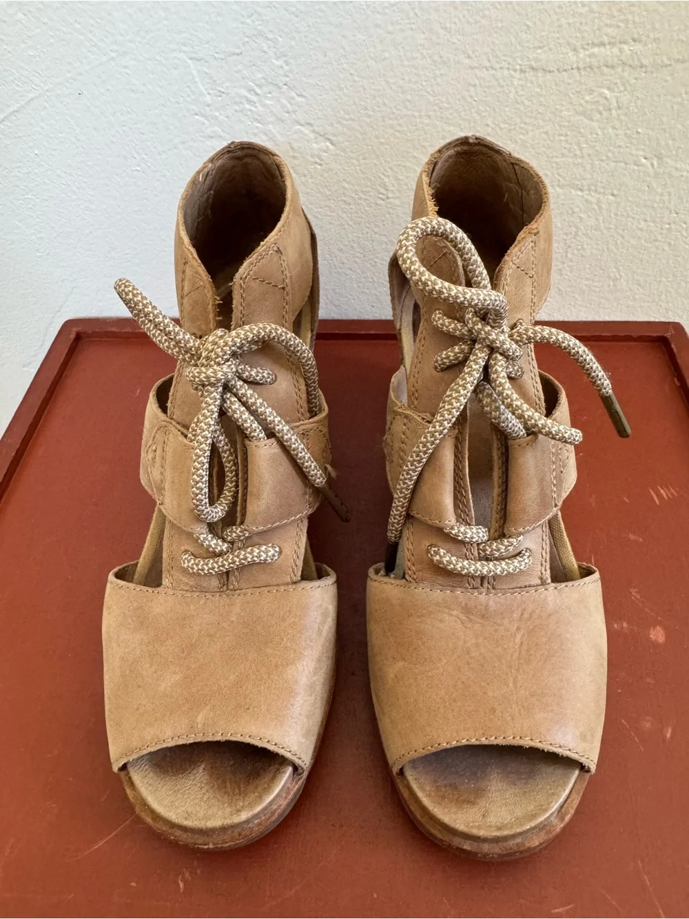 Sorel Joanie Full Grain Leather Lace Up Wedge Open Toe Sandals Tan Brown